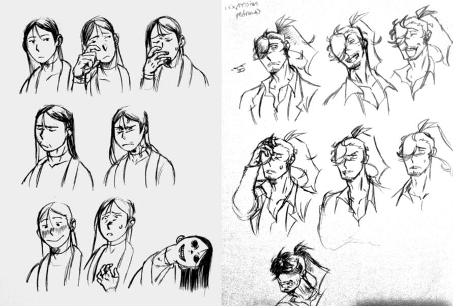 Traditional sketches for the emotions of 2 characters