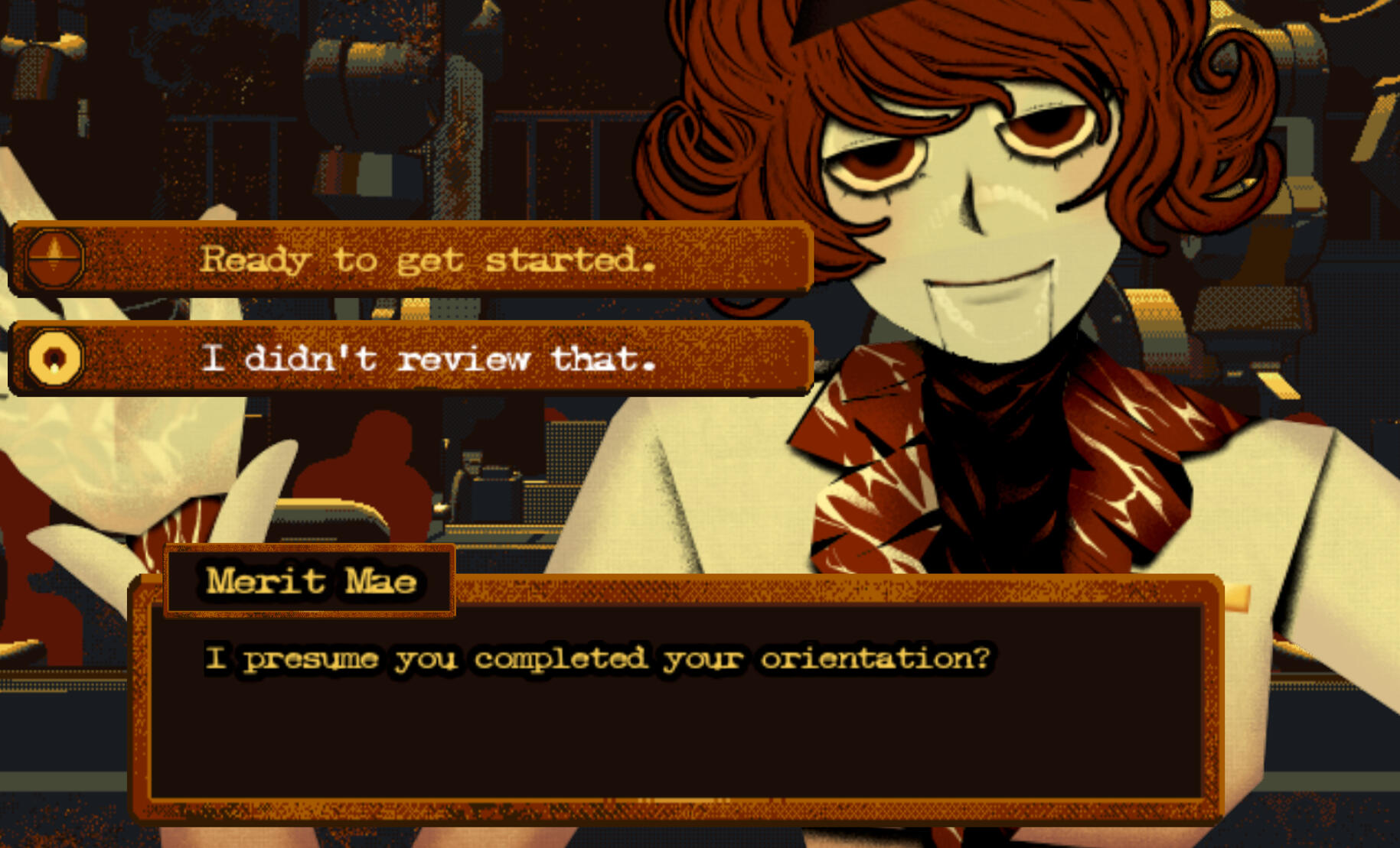 In-game screenshot showing the dialogue and choice UI. Features character sprite by Tora.